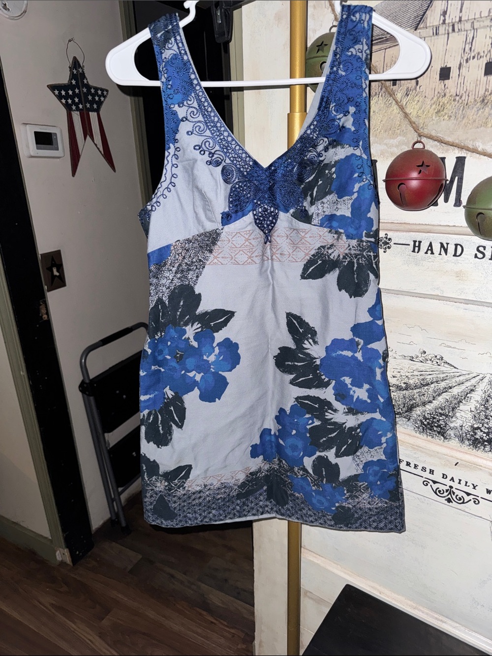 Free People Blue and Gray Floral V-Neck Tank Dress